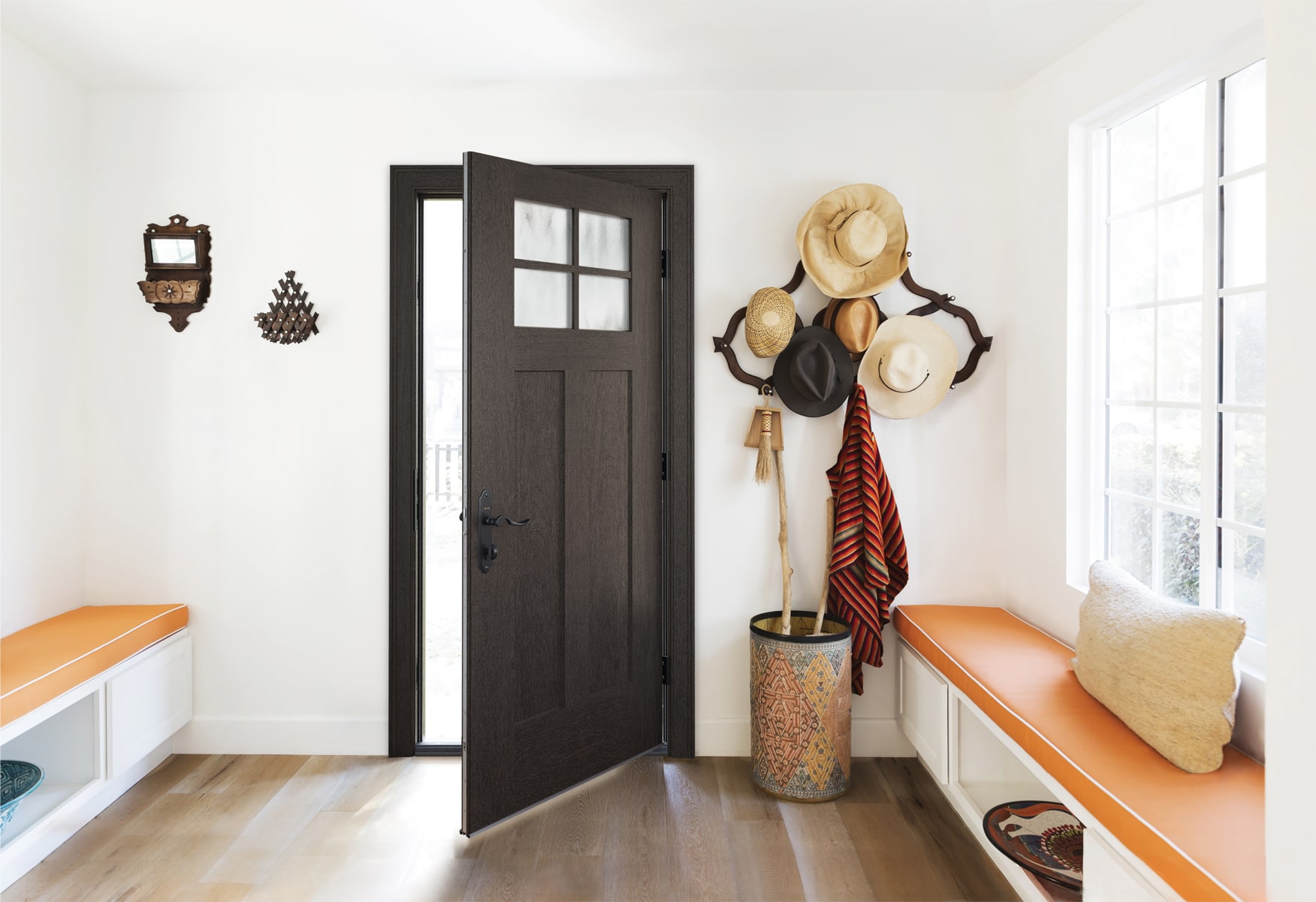 Dark brown front door with window